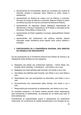 10
 representantes de Universidades, desde que vinculados aos núcleos de
extensão, estudos e pesquisas sobre violência ou sobre criança e
adolescente;
 representantes do Sistema de Justiça (Juiz da Infância e Juventude,
Promotor de Justiça da Infância e Juventude, Defensor Público ou dativo
da Infância que atue na Vara da Juventude da Defensoria Pública);
 representantes da segurança pública (Delegacia Especializada de
Atendimento a Criança e Adolescência, de Proteção ou Apuração de Ato
Infracional; Polícia Militar e Polícia Civil);
 representantes do Poder Legislativo municipal, estadual/Distrito Federal
e federal;
 representantes dos profissionais das políticas setoriais básicas
(educação, saúde, assistência social, esporte, lazer, cultura, trabalho e
emprego).
7. PARTICIPANTES DA X CONFERÊNCIA NACIONAL DOS DIREITOS
DA CRIANÇA E DO ADOLESCENTE
Os (as) participantes da X Conferência Nacional dos Direitos da Criança e do
Adolescente serão divididos em seis categorias:
a. Delegados (as) eleitos nas conferencias regionais – Centro Oeste, Sul,
Sudeste, Norte, Nordeste 1 e Nordeste 2, com direito a voz e voto;
b. Delegados (as) natos definidos pelo Conanda, com direito a voz e voto;
c. Convidados (as) definidos pelo Conanda, com direito a voz e sem direito a
voto;
d. Observadores (as), que acompanham as discussões, sem direito a voz e
voto.
e. Acompanhantes e/ou responsáveis pelas crianças, sem direito a voz e
voto.
f. Responsável para acompanhar os adolescentes, sem direito a voz e voto.
Os conselhos estaduais e do Distrito Federal deverão indicar responsáveis
para acompanhar os adolescentes, na proporção de um adulto para cada 10
(dez) adolescentes.
Considerando as especificidades quanto a adolescentes em acolhimento
institucional, em cumprimento de medida socioeducativa e em situação de rua,
 