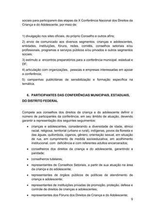 9
sociais para participarem das etapas da X Conferência Nacional dos Direitos da
Criança e do Adolescente, por meio de:
1) divulgação nos sites oficiais, do próprio Conselho e outros afins;
2) envio de comunicado aos diversos segmentos: crianças e adolescentes,
entidades, instituições, fóruns, redes, comitês, conselhos setoriais e/ou
profissionais, programas e serviços públicos e/ou privados e outros segmentos
sociais;
3) estímulo a encontros preparatórios para a conferência municipal, estadual e
DF;
4) articulação com organizações, pessoas e empresas interessadas em apoiar
a conferência;
5) campanhas publicitárias de sensibilização e formação específica na
temática.
6. PARTICIPANTES DAS CONFERÊNCIAS MUNICIPAIS, ESTADUAIS,
DO DISTRITO FEDERAL
Compete aos conselhos dos direitos da criança e do adolescente definir o
número de participantes da conferência, em seu âmbito de atuação, devendo
garantir a representação dos seguintes seguimentos:
 crianças e adolescentes, considerando a diversidade de idade, étnico
racial, religiosa, territorial (urbano e rural), indígenas, povos da floresta e
das águas, quilombola, ciganos, gênero, orientação sexual, em situação
de rua, em cumprimento de medida socioeducativa, em acolhimento
institucional, com deficiência e com referentes adultos encarcerados;
 conselheiros dos direitos da criança e do adolescente, garantindo a
paridade;
 conselheiros tutelares;
 representantes de Conselhos Setoriais, a partir de sua atuação na área
da criança e do adolescente;
 representantes de órgãos públicos de políticas de atendimento de
criança e adolescente;
 representantes de instituições privadas de promoção, proteção, defesa e
controle de direitos de crianças e adolescentes;
 representantes dos Fóruns dos Direitos da Criança e do Adolescente;
 