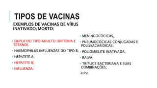 TIPOS DE VACINAS
EXEMPLOS DE VACINAS DE VÍRUS
INATIVADO/MORTO:
• DUPLA DO TIPO ADULTO (DIFTERIA E
TÉTANO);
• HAEMOPHILUS INFLUENZAE DO TIPO B;
• HEPATITE A;
• HEPATITE B;
• INFLUENZA;
• MENINGOCÓCICAS,
• PNEUMOCÓCICAS CONJUGADAS E
POLISSACARÍDICAS;
• POLIOMIELITE INATIVADA;
• RAIVA;
• TRÍPLICE BACTERIANA E SUAS
COMBINAÇÕES;
•HPV.
 