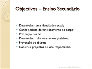 Objectivos – Ensino Secundário Desenvolver uma identidade sexual; Conhecimento do funcionamento do corpo; Prevenção das IST; Desenvolver relacionamentos positivos; Prevenção de abusos; Construir projectos de vida responsáveis. Agrupamento de Escolas de Valbom 