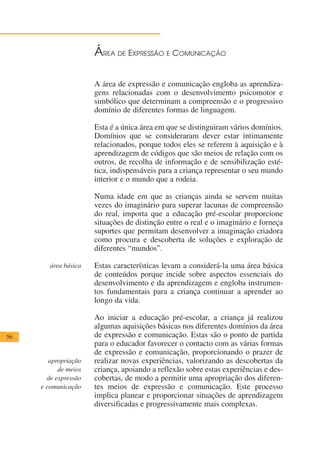 ÁREA DE EXPRESSÃO E COMUNICAÇÃO

                      A área de expressão e comunicação engloba as aprendiza-
                      gens relacionadas com o desenvolvimento psicomotor e
                      simbólico que determinam a compreensão e o progressivo
                      domínio de diferentes formas de linguagem.

                      Esta é a única área em que se distinguiram vários domínios.
                      Domínios que se consideraram dever estar intimamente
                      relacionados, porque todos eles se referem à aquisição e à
                      aprendizagem de códigos que são meios de relação com os
                      outros, de recolha de informação e de sensibilização esté-
                      tica, indispensáveis para a criança representar o seu mundo
                      interior e o mundo que a rodeia.

                      Numa idade em que as crianças ainda se servem muitas
                      vezes do imaginário para superar lacunas de compreensão
                      do real, importa que a educação pré-escolar proporcione
                      situações de distinção entre o real e o imaginário e forneça
                      suportes que permitam desenvolver a imaginação criadora
                      como procura e descoberta de soluções e exploração de
                      diferentes “mundos”.

        área básica   Estas características levam a considerá-la uma área básica
                      de conteúdos porque incide sobre aspectos essenciais do
                      desenvolvimento e da aprendizagem e engloba instrumen-
                      tos fundamentais para a criança continuar a aprender ao
                      longo da vida.

                      Ao iniciar a educação pré-escolar, a criança já realizou
                      algumas aquisições básicas nos diferentes domínios da área
56                    de expressão e comunicação. Estas são o ponto de partida
                      para o educador favorecer o contacto com as várias formas
                      de expressão e comunicação, proporcionando o prazer de
        apropriação   realizar novas experiências, valorizando as descobertas da
           de meios   criança, apoiando a reflexão sobre estas experiências e des-
       de expressão   cobertas, de modo a permitir uma apropriação dos diferen-
     e comunicação    tes meios de expressão e comunicação. Este processo
                      implica planear e proporcionar situações de aprendizagem
                      diversificadas e progressivamente mais complexas.
 