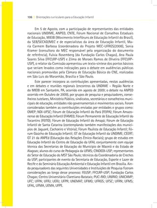 106 I Orientações curriculares para a Educação Infantil
Em 5 de Agosto, com a participação de representantes das entidades
nacionais UNDIME, ANPED, CNTE, Fórum Nacional de Conselhos Estaduais
de Educação, MIEIB (Movimento Interfóruns de Educação Infantil do Brasil),
da SEB/SECAD/MEC e de especialistas da área de Educação Infantil, Ma-
ria Carmem Barbosa (coordenadora do Projeto MEC-UFRGS/2008), Sonia
Kramer (consultora do MEC responsável pela organização do documento
de referência), Fulvia Rosemberg (da Fundação Carlos Chagas), Ana Paula
Soares Silva (FFCLRP-USP) e Zilma de Moraes Ramos de Oliveira (FFCLRP-
USP), o relator da Comissão apresentou um texto-síntese dos pontos básicos
que seriam levados como indicações para o debate em audiências públicas
nacionais promovidas pela Câmara de Educação Básica do CNE, realizadas
em São Luis do Maranhão, Brasília e São Paulo.
Este parecer incorpora as contribuições apresentadas, nestas audiências
e em debates e reuniões regionais (encontros da UNDIME – Região Norte e
do MIEIB em Santarém, PA, ocorrido em agosto de 2009; o debate na ANPED
ocorrido em Outubro de 2009), por grupos de pesquisa e pesquisadores, conse-
lheiros tutelares, Ministério Público, sindicatos, secretários e conselheiros muni-
cipais de educação, entidades não governamentais e movimentos sociais. Foram
consideradas também as contribuições enviadas por entidades e grupos como:
OMEP; NDI-UFSC; Fórum de Educação Infantil do Pará (FEIPA); Fórum Amazo-
nense de Educação Infantil (FAMEI); Fórum Permanente de Educação Infantil do
Tocantins (FEITO); Fórum de Educação Infantil do Amapá; Fórum de Educação
Infantil de Santa Catarina (contemplando também manifestações dos municí-
pios de Jaguaré, Cachoeiro e Vitória); Fórum Paulista de Educação Infantil; Fó-
rum Gaúcho de Educação Infantil; GT de Educação Infantil da UNDIME; CEERT;
GT 21 da ANPEd (Educação das Relações Étnico-Raciais); grupo de estudos em
Educação Infantil do Centro de Educação da UFAL conjuntamente com equipe
técnica das Secretarias de Educação do Município de Maceió e do Estado de
Alagoas; alunos do curso de Pedagogia da UFMS; CINDEDI-USP; representantes
do Setor de Educação do MST São Paulo; técnicos da Coordenadoria de Creches
da USP; participantes de evento da Secretaria de Educação, Esporte e Lazer de
Recife e do Seminário Educação Ambiental e Educação Infantil em Brasília. Ain-
da pesquisadores das seguintes Universidades e Instituições de Pesquisa fizeram
considerações ao longo desse processo: FEUSP; FFCLRP-USP; Fundação Carlos
Chagas; Centro Universitário Claretiano Batatais; PUC-RIO; UNIRIO; UNICAMP;
UFC; UFPA; UFRJ; UERJ; UFPR; UNEMAT; UFMG; UFRGS; UFSC; UFRN; UFMS;
UFAL, UFMA, UEMA, UFPE.
 