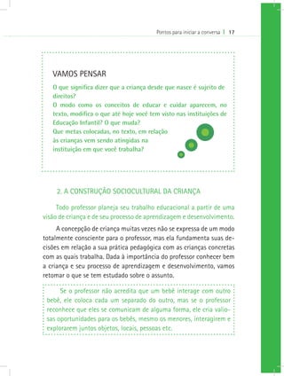 Pontos para iniciar a conversa I 17
2. A CONSTRUÇÃO SOCIOCULTURAL DA CRIANÇA
Todo professor planeja seu trabalho educacional a partir de uma
visão de criança e de seu processo de aprendizagem e desenvolvimento.
A concepção de criança muitas vezes não se expressa de um modo
totalmente consciente para o professor, mas ela fundamenta suas de-
cisões em relação a sua prática pedagógica com as crianças concretas
com as quais trabalha. Dada à importância do professor conhecer bem
a criança e seu processo de aprendizagem e desenvolvimento, vamos
retomar o que se tem estudado sobre o assunto.
Se o professor não acredita que um bebê interage com outro
bebê, ele coloca cada um separado do outro, mas se o professor
reconhece que eles se comunicam de alguma forma, ele cria valio-
sas oportunidades para os bebês, mesmo os menores, interagirem e
explorarem juntos objetos, locais, pessoas etc.
VAMOS PENSAR
O que significa dizer que a criança desde que nasce é sujeito de
direitos?
O modo como os conceitos de educar e cuidar aparecem, no
texto, modifica o que até hoje você tem visto nas instituições de
Educação Infantil? O que muda?
Que metas colocadas, no texto, em relação
às crianças vem sendo atingidas na
instituição em que você trabalha?
 