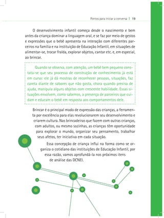 Pontos para iniciar a conversa I 19
O desenvolvimento infantil começa desde o nascimento e bem
antes da criança dominar a linguagem oral, e se faz por meio de gestos
e expressões que o bebê apresenta na interação com diferentes par-
ceiros na família e na instituição de Educação Infantil, em situações de
alimentar-se, trocar fralda, explorar objetos, cantar etc. e, em especial,
ao brincar.
Quando se observa, com atenção, um bebê bem pequeno cons-
tata-se que seu processo de construção de conhecimento já está
em curso: ele já dá mostras de reconhecer pessoas, situações, faz
careta diante de sabores que não gosta, chora quando precisa de
ajuda, manipula alguns objetos com crescente habilidade. Essas si-
tuações envolvem, como sabemos, a presença de parceiros que cui-
dam e educam o bebê em resposta aos comportamentos dele.
Brincar é o principal modo de expressão das crianças, a ferramen-
ta por excelência para elas revolucionarem seu desenvolvimento e
criarem cultura. Nas brincadeiras que fazem com outras crianças,
com adultos, ou mesmo sozinhas, as crianças têm oportunidade
para explorar o mundo, organizar seu pensamento, trabalhar
seus afetos, ter iniciativa em cada situação.
Essa concepção de criança influi na forma como se or-
ganiza o cotidiano das instituições de Educação Infantil, por
essa razão, vamos aprofundá-la nos próximos itens
de análise das DCNEI.
 