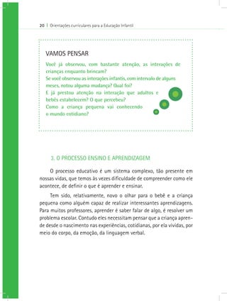 20 I Orientações curriculares para a Educação Infantil
3. O PROCESSO ENSINO E APRENDIZAGEM
O processo educativo é um sistema complexo, tão presente em
nossas vidas, que temos às vezes dificuldade de compreender como ele
acontece, de definir o que é aprender e ensinar.
Tem sido, relativamente, novo o olhar para o bebê e a criança
pequena como alguém capaz de realizar interessantes aprendizagens.
Para muitos professores, aprender é saber falar de algo, é resolver um
problema escolar. Contudo eles necessitam pensar que a criança apren-
de desde o nascimento nas experiências, cotidianas, por ela vividas, por
meio do corpo, da emoção, da linguagem verbal.
VAMOS PENSAR
Você já observou, com bastante atenção, as interações de
crianças enquanto brincam?
Se você observou as interações infantis, com intervalo de alguns
meses, notou alguma mudança? Qual foi?
E já prestou atenção na interação que adultos e
bebês estabelecem? O que percebeu?
Como a criança pequena vai conhecendo
o mundo cotidiano?
 