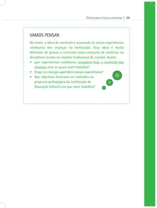 Pontos para iniciar a conversa I 29
VAMOS PENSAR
No texto, a ideia de currículo é associada às várias experiências
cotidianas das crianças na instituição. Essa ideia é muito
diferente de pensar o currículo como conjunto de matérias ou
disciplinas (como no modelo tradicional de escola). Assim:
•	 que experiências cotidianas compõem hoje o currículo das
crianças com as quais você trabalha?
•	 O que as crianças aprendem nessas experiências?
•	 Que objetivos deveriam ser incluídos na
proposta pedagógica da instituição de
Educação Infantil em que você trabalha?
 