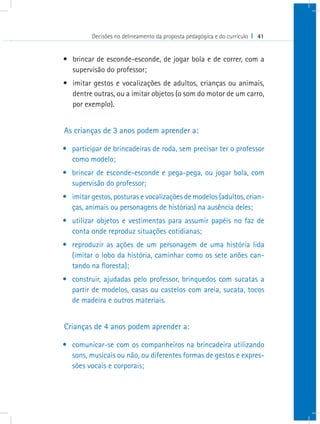 Decisões no delineamento da proposta pedagógica e do currículo I 41
•	 brincar de esconde-esconde, de jogar bola e de correr, com a
supervisão do professor;
•	 imitar gestos e vocalizações de adultos, crianças ou animais,
dentre outras, ou a imitar objetos (o som do motor de um carro,
por exemplo).
As crianças de 3 anos podem aprender a:
•	 participar de brincadeiras de roda, sem precisar ter o professor
como modelo;
•	 brincar de esconde-esconde e pega-pega, ou jogar bola, com
supervisão do professor;
•	 imitar gestos, posturas e vocalizações de modelos (adultos, crian-
ças, animais ou personagens de histórias) na ausência deles;
•	 utilizar objetos e vestimentas para assumir papéis no faz de
conta onde reproduz situações cotidianas;
•	 reproduzir as ações de um personagem de uma história lida
(imitar o lobo da história, caminhar como os sete anões can-
tando na floresta);
•	 construir, ajudadas pelo professor, brinquedos com sucatas a
partir de modelos, casas ou castelos com areia, sucata, tocos
de madeira e outros materiais.
Crianças de 4 anos podem aprender a:
•	 comunicar-se com os companheiros na brincadeira utilizando
sons, musicais ou não, ou diferentes formas de gestos e expres-
sões vocais e corporais;
 