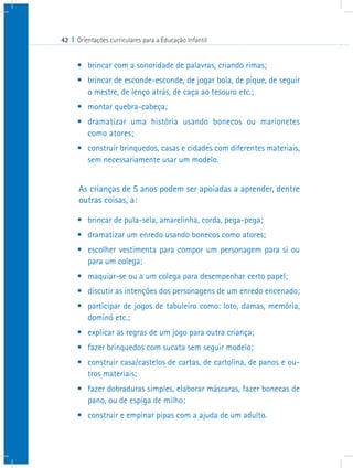 42 I Orientações curriculares para a Educação Infantil
•	 brincar com a sonoridade de palavras, criando rimas;
•	 brincar de esconde-esconde, de jogar bola, de pique, de seguir
o mestre, de lenço atrás, de caça ao tesouro etc.;
•	 montar quebra-cabeça;
•	 dramatizar uma história usando bonecos ou marionetes
como atores;
•	 construir brinquedos, casas e cidades com diferentes materiais,
sem necessariamente usar um modelo.
As crianças de 5 anos podem ser apoiadas a aprender, dentre
outras coisas, a:
•	 brincar de pula-sela, amarelinha, corda, pega-pega;
•	 dramatizar um enredo usando bonecos como atores;
•	 escolher vestimenta para compor um personagem para si ou
para um colega;
•	 maquiar-se ou a um colega para desempenhar certo papel;
•	 discutir as intenções dos personagens de um enredo encenado;
•	 participar de jogos de tabuleiro como: loto, damas, memória,
dominó etc.;
•	 explicar as regras de um jogo para outra criança;
•	 fazer brinquedos com sucata sem seguir modelo;
•	 construir casa/castelos de cartas, de cartolina, de panos e ou-
tros materiais;
•	 fazer dobraduras simples, elaborar máscaras, fazer bonecas de
pano, ou de espiga de milho;
•	 construir e empinar pipas com a ajuda de um adulto.
 