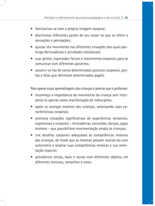 Decisões no delineamento da proposta pedagógica e do currículo I 45
•	 familiarizar-se com a própria imagem corporal;
•	 discriminar diferentes partes de seu corpo no que se refere a
sensações e percepções;
•	 ajustar seu movimento nas diferentes situações das quais par-
ticipa (brincadeiras e atividades cotidianas);
•	 usar gestos, expressões faciais e movimentos corporais para se
comunicar com diferentes parceiros;
•	 assumir no faz de conta determinadas posturas corporais, ges-
tos e falas que delineiam determinados papéis.
Para apoiar essas aprendizagens das crianças é preciso que o professor:
•	 reconheça a importância do movimento da criança sem inter-
pretá-lo apenas como manifestação de indisciplina;
•	 apoie os avanços motores das crianças, valorizando suas ca-
racterísticas corporais;
•	 promova situações significativas de experiências sensoriais,
expressivas e corporais – brincadeiras, excursões, danças, jogos
motores - que possibilitem movimentação ampla às crianças;
•	 crie desafios corporais adequados às competências motoras
das crianças, de modo que as mesmas possam realizá-los com
autonomia e ampliar suas competências motoras e sua orien-
tação espacial;
•	 providencie cestos, baús e caixas com diferentes objetos, em
diferentes texturas, tamanhos e cores.
 