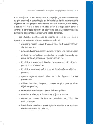 Decisões no delineamento da proposta pedagógica e do currículo I 57
e estações) e do caráter irreversível do tempo (noção de envelhecimen-
to, por exemplo). A participação em brincadeiras de deslocamentos de
objetos e de seus próprios movimentos ajuda as crianças, desde bebês,
a estabelecer relações com os objetos e com o espaço, assim como a
vivência e percepção do ritmo de ocorrência das atividades cotidianas
possibilita às crianças construir uma noção de tempo.
Nas situações significativas de experiência, com orientações no
espaço e no tempo, as crianças podem aprender a:
•	 explorar o espaço através de experiências de deslocamentos de
si e dos objetos;
•	 procurar diversos caminhos para se chegar a um mesmo lugar;
•	 deslocar-se enfrentando obstáculos no trajeto (passando por
cima, por baixo, rodeando, equilibrando-se etc.);
•	 identificar e a reproduzir trajetos com dados predeterminados,
por meio de brincadeiras;
•	 identificar pontos de referências na localização de objetos e
pessoas;
•	 apontar algumas características de certas figuras e corpos
geométricos;
•	 utilizar desenhos, imagens e mapas simples para localizar
objetos e pessoas;
•	 representar caminhos e trajetos de forma gráfica;
•	 desenhar e interpretar imagens de objetos e pessoas;
•	 comunicar, através da fala, os caminhos percorridos nos
deslocamentos;
•	 identificar e se orientar em relação aos momentos de ocorrên-
cia das atividades de cada dia.
 