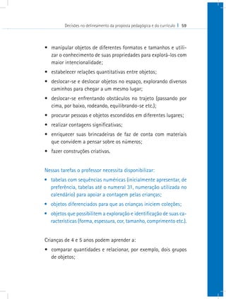Decisões no delineamento da proposta pedagógica e do currículo I 59
•	 manipular objetos de diferentes formatos e tamanhos e utili-
zar o conhecimento de suas propriedades para explorá-los com
maior intencionalidade;
•	 estabelecer relações quantitativas entre objetos;
•	 deslocar-se e deslocar objetos no espaço, explorando diversos
caminhos para chegar a um mesmo lugar;
•	 deslocar-se enfrentando obstáculos no trajeto (passando por
cima, por baixo, rodeando, equilibrando-se etc.);
•	 procurar pessoas e objetos escondidos em diferentes lugares;
•	 realizar contagens significativas;
•	 enriquecer suas brincadeiras de faz de conta com materiais
que convidem a pensar sobre os números;
•	 fazer construções criativas.
Nessas tarefas o professor necessita disponibilizar:
•	 tabelas com sequências numéricas (inicialmente apresentar, de
preferência, tabelas até o numeral 31, numeração utilizada no
calendário) para apoiar a contagem pelas crianças;
•	 objetos diferenciados para que as crianças iniciem coleções;
•	 objetos que possibilitem a exploração e identificação de suas ca-
racterísticas (forma, espessura, cor, tamanho, comprimento etc.).
Crianças de 4 e 5 anos podem aprender a:
•	 comparar quantidades e relacionar, por exemplo, dois grupos
de objetos;
 