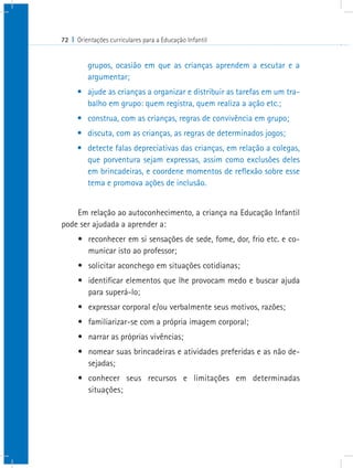 72 I Orientações curriculares para a Educação Infantil
grupos, ocasião em que as crianças aprendem a escutar e a
argumentar;
•	 ajude as crianças a organizar e distribuir as tarefas em um tra-
balho em grupo: quem registra, quem realiza a ação etc.;
•	 construa, com as crianças, regras de convivência em grupo;
•	 discuta, com as crianças, as regras de determinados jogos;
•	 detecte falas depreciativas das crianças, em relação a colegas,
que porventura sejam expressas, assim como exclusões deles
em brincadeiras, e coordene momentos de reflexão sobre esse
tema e promova ações de inclusão.
Em relação ao autoconhecimento, a criança na Educação Infantil
pode ser ajudada a aprender a:
•	 reconhecer em si sensações de sede, fome, dor, frio etc. e co-
municar isto ao professor;
•	 solicitar aconchego em situações cotidianas;
•	 identificar elementos que lhe provocam medo e buscar ajuda
para superá-lo;
•	 expressar corporal e/ou verbalmente seus motivos, razões;
•	 familiarizar-se com a própria imagem corporal;
•	 narrar as próprias vivências;
•	 nomear suas brincadeiras e atividades preferidas e as não de-
sejadas;
•	 conhecer seus recursos e limitações em determinadas
situações;
 