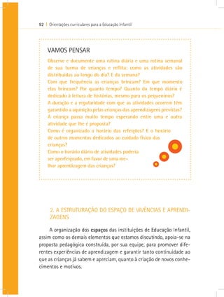 92 I Orientações curriculares para a Educação Infantil
2. A ESTRUTURAÇÃO DO ESPAÇO DE VIVÊNCIAS E APRENDI-
ZAGENS
A organização dos espaços das instituições de Educação Infantil,
assim como os demais elementos que estamos discutindo, apoia-se na
proposta pedagógica construída, por sua equipe, para promover dife-
rentes experiências de aprendizagem e garantir tanto continuidade ao
que as crianças já sabem e apreciam, quanto à criação de novos conhe-
cimentos e motivos.
VAMOS PENSAR
Observe e documente uma rotina diária e uma rotina semanal
de sua turma de crianças e reflita: como as atividades são
distribuídas ao longo do dia? E da semana?
Com que frequência as crianças brincam? Em que momento
elas brincam? Por quanto tempo? Quanto do tempo diário é
dedicado à leitura de histórias, mesmo para os pequeninos?
A duração e a regularidade com que as atividades ocorrem têm
garantido a aquisição pelas crianças das aprendizagens previstas?
A criança passa muito tempo esperando entre uma e outra
atividade que lhe é proposta?
Como é organizado o horário das refeições? E o horário
de outros momentos dedicados ao cuidado físico das
crianças?
Como o horário diário de atividades poderia
ser aperfeiçoado, em favor de uma me-
lhor aprendizagem das crianças?
 