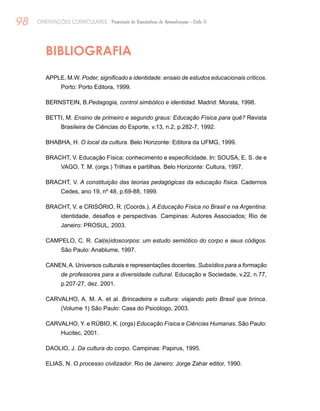 98 ORIENTAÇÕES CURRICULARES Proposição de Expectativas de Aprendizagem - Ciclo II
BIBLIOGRAFIA
APPLE, M.W. Poder, significado e identidade: ensaio de estudos educacionais críticos.
Porto: Porto Editora, 1999.
BERNSTEIN, B.Pedagogia, control simbólico e identidad. Madrid: Morata, 1998.
BETTI, M. Ensino de primeiro e segundo graus: Educação Física para quê? Revista
Brasileira de Ciências do Esporte, v.13, n.2, p.282-7, 1992.
BHABHA, H. O local da cultura. Belo Horizonte: Editora da UFMG, 1999.
BRACHT, V. Educação Física; conhecimento e especificidade. In: SOUSA, E. S. de e
VAGO, T. M. (orgs.) Trilhas e partilhas. Belo Horizonte: Cultura, 1997.
BRACHT, V. A constituição das teorias pedagógicas da educação física. Cadernos
Cedes, ano 19, nº 48, p.69-88, 1999.
BRACHT, V. e CRISÓRIO, R. (Coords.). A Educação Física no Brasil e na Argentina:
identidade, desafios e perspectivas. Campinas: Autores Associados; Rio de
Janeiro: PROSUL, 2003.
CAMPELO, C. R. Cal(e)idoscorpos: um estudo semiótico do corpo e seus códigos.
São Paulo: Anablume, 1997.
CANEN,A. Universos culturais e representações docentes. Subsídios para a formação
de professores para a diversidade cultural. Educação e Sociedade, v.22, n.77,
p.207-27, dez. 2001.
CARVALHO, A. M. A. et al. Brincadeira e cultura: viajando pelo Brasil que brinca.
(Volume 1) São Paulo: Casa do Psicólogo, 2003.
CARVALHO, Y. e RÚBIO, K. (orgs) Educação Física e Ciências Humanas. São Paulo:
Hucitec, 2001.
DAOLIO, J. Da cultura do corpo. Campinas: Papirus, 1995.
ELIAS, N. O processo civilizador. Rio de Janeiro: Jorge Zahar editor, 1990.
 