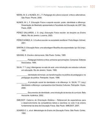 101ORIENTAÇÕES CURRICULARES Proposição de Expectativas de Aprendizagem - Ciclo II
NEIRA, M. G. e NUNES, M. L. F. Pedagogia da cultura corporal: crítica e alternativas.
São Paulo: Phorte, 2006.
NUNES, M. L. F. Educação Física e esporte escolar: poder, identidade e diferença.
Dissertação de Mestrado apresentada à Faculdade de Educação da USP. São
Paulo, 2006.
PÉREZ GALLARDO, J. S. (org.) Educação Física escolar: do berçário ao Ensino
Médio. Rio de Janeiro: Lucerna, 2003.
PÉREZ GOMEZ, A. I. A cultura escolar na sociedade neoliberal. Porto Alegre: Artmed,
2001.
SANTIN, S. Educação física: uma abordagem filosófica da corporeidade. Ijuí: Ed.Unijuí,
1987.
SAVIANI, D. Escola e democracia. São Paulo: Cortez, 1985.
__________. Pedagogia histórico-crítica: primeiras aproximações. Campinas: Editores
Associados, 1995.
SILVA, T. T. (org.) Alienígenas na sala de aula: uma introdução aos estudos culturais
em educação. Rio de Janeiro: Vozes, 1995.
__________. Identidades terminais: as transformações na política da pedagogia e na
pedagogia da política. Petrópolis: Vozes, 1996.
__________. A produção social da identidade e da diferença. In: SILVA, T.T. (org.)
Identidade e diferença: a perspectiva dos Estudos Culturais. Petropólis: Vozes,
2000.
__________. Documentos de identidade: uma introdução às teorias do currículo. Belo
Horizonte: Autêntica, 2002.
SME/DOT. Caderno de Orientação Didática – Referencial de expectativas para
o desenvolvimento da competência leitora e escritora no ciclo II do ensino
fundamental da área de Educação Física. São Paulo: SME/DOT, 2007.
SOARES C. L. et al. Metodologia do Ensino de Educação Física. São Paulo: Cortez,
1992.
 