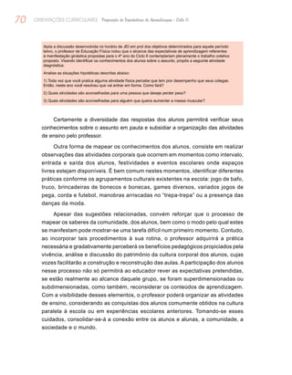 70 ORIENTAÇÕES CURRICULARES Proposição de Expectativas de Aprendizagem - Ciclo II
Após a discussão desenvolvida no horário de JEI em prol dos objetivos determinados para aquele período
letivo, o professor de Educação Física notou que o alcance das expectativas de aprendizagem referentes
à manifestação ginástica propostas para o 4º ano do Ciclo II contemplariam plenamente o trabalho coletivo
proposto. Visando identificar os conhecimentos dos alunos sobre o assunto, propôs a seguinte atividade
diagnóstica:
Analise as situações hipotéticas descritas abaixo:
1) Toda vez que você pratica alguma atividade física percebe que tem pior desempenho que seus colegas.
Então, neste ano você resolveu que vai entrar em forma. Como fará?
2) Quais atividades são aconselhadas para uma pessoa que deseje perder peso?
3) Quais atividades são aconselhadas para alguém que queira aumentar a massa muscular?
Certamente a diversidade das respostas dos alunos permitirá verificar seus
conhecimentos sobre o assunto em pauta e subsidiar a organização das atividades
de ensino pelo professor.
Outra forma de mapear os conhecimentos dos alunos, consiste em realizar
observações das atividades corporais que ocorrem em momentos como intervalo,
entrada e saída dos alunos, festividades e eventos escolares onde espaços
livres estejam disponíveis. É bem comum nestes momentos, identificar diferentes
práticas conforme os agrupamentos culturais existentes na escola: jogo de bafo,
truco, brincadeiras de bonecos e bonecas, games diversos, variados jogos de
pega, corda e futebol, manobras arriscadas no “trepa-trepa” ou a presença das
danças da moda.
Apesar das sugestões relacionadas, convém reforçar que o processo de
mapear os saberes da comunidade, dos alunos, bem como o modo pelo qual estes
se manifestam pode mostrar-se uma tarefa difícil num primeiro momento. Contudo,
ao incorporar tais procedimentos à sua rotina, o professor adquirirá a prática
necessária e gradativamente perceberá os benefícios pedagógicos propiciados pela
vivência, análise e discussão do patrimônio da cultura corporal dos alunos, cujas
vozes facilitarão a construção e reconstrução das aulas. A participação dos alunos
nesse processo não só permitirá ao educador rever as expectativas pretendidas,
se estão realmente ao alcance daquele grupo, se foram superdimensionadas ou
subdimensionadas, como também, reconsiderar os conteúdos de aprendizagem.
Com a visibilidade desses elementos, o professor poderá organizar as atividades
de ensino, considerando as conquistas dos alunos comumente obtidos na cultura
paralela à escola ou em experiências escolares anteriores. Tomando-se esses
cuidados, consolidar-se-á a conexão entre os alunos e alunas, a comunidade, a
sociedade e o mundo.
 