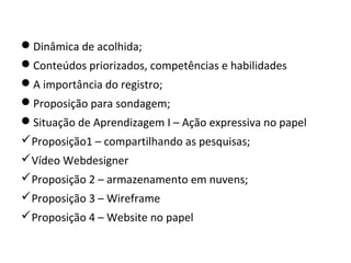 Dinâmica de acolhida;
Conteúdos priorizados, competências e habilidades
A importância do registro;
Proposição para sondagem;
Situação de Aprendizagem I – Ação expressiva no papel
 Proposição1 – compartilhando as pesquisas;
 Vídeo Webdesigner
 Proposição 2 – armazenamento em nuvens;
 Proposição 3 – Wireframe
 Proposição 4 – Website no papel

 