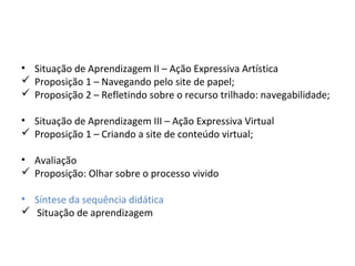 • Situação de Aprendizagem II – Ação Expressiva Artística
 Proposição 1 – Navegando pelo site de papel;
 Proposição 2 – Refletindo sobre o recurso trilhado: navegabilidade;
• Situação de Aprendizagem III – Ação Expressiva Virtual
 Proposição 1 – Criando a site de conteúdo virtual;
• Avaliação
 Proposição: Olhar sobre o processo vivido
• Síntese da sequência didática
 Situação de aprendizagem

 