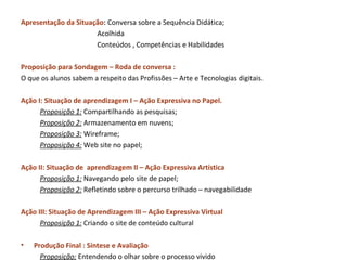 Apresentação da Situação: Conversa sobre a Sequência Didática;
Acolhida
Conteúdos , Competências e Habilidades
Proposição para Sondagem – Roda de conversa :
O que os alunos sabem a respeito das Profissões – Arte e Tecnologias digitais.
Ação I: Situação de aprendizagem I – Ação Expressiva no Papel.
Proposição 1: Compartilhando as pesquisas;
Proposição 2: Armazenamento em nuvens;
Proposição 3: Wireframe;
Proposição 4: Web site no papel;
Ação II: Situação de aprendizagem II – Ação Expressiva Artística
Proposição 1: Navegando pelo site de papel;
Proposição 2: Refletindo sobre o percurso trilhado – navegabilidade
Ação III: Situação de Aprendizagem III – Ação Expressiva Virtual
Proposição 1: Criando o site de conteúdo cultural
•

Produção Final : Síntese e Avaliação
Proposição: Entendendo o olhar sobre o processo vivido

 