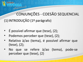 CONJUNÇÕES - COESÃO SEQUENCIAL
(1) INTRODUÇÃO (1º parágrafo)
• É possível afirmar que (tese), (2);
• Podemos perceber que (tese), (2);
• Relativo à/ao (tema), é possível afirmar que
(tese), (2);
• No que se refere à/ao (tema), pode-se
perceber que (tese), (2)
 