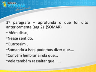 3º parágrafo – aprofunda o que foi dito
anteriormente (arg.2) (SOMAR)
• Além disso,
•Nesse sentido,
•Outrossim.,
•Somando a isso, podemos dizer que....
•Convém lembrar ainda que...
•Vele também ressaltar que......
 