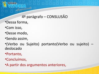 4º parágrafo – CONSLUSÃO
•Dessa forma,
•Com isso,
•Desse modo,
•Sendo assim,
•(Verbo ou Sujeito) portanto(Verbo ou sujeito) –
deslocado
•Portanto,
•Concluímos,
•A partir dos argumentos anteriores,
 