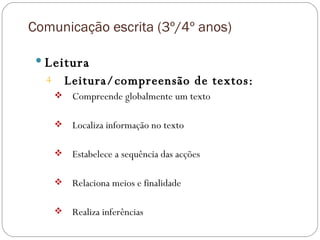 Comunicação escrita (3º/4º anos) Leitura Leitura/compreensão de textos: Compreende globalmente um texto Localiza informação no texto Estabelece a sequência das acções Relaciona meios e finalidade Realiza inferências 
