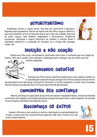15
Estimule seu filho a vencer desafios e obstáculos e a dar sempre o melhor de
si, mas não gere expectativas que estejam fora de seu alcance e não se mostre
decepcionado se ele não atingir um objetivo. Estimule-o a tentar novamente e a lidar com o fracasso,
descobrindo por que algo não deu certo como uma forma de aprendizado.
Mostre confiança na capacidade de seu filho em assumir responsabilidades, resolver problemas
e enfrentar dificuldades, mas coloque metas que estejam ao alcance dele e cobre empenho. Se elas não
forem atingidas, dê sempre uma segunda chance.
Demonstre sua confiança
Vencendo desafios
Estabeleça limites e regras claras, mas sem ser autoritário e opressivo.
Exponha seus argumentos, discuta as regras com seu filho e negocie. Mostre o
que você considera certo e errado sem querer ser o dono da verdade. Isso fará
se sentir seguro, mas também responsável e participativo. Exigências
excessivas, cobranças e regras inflexíveis de conduta e tarefas levam á
ansiedade constante e a sensação de fracasso, se a criança não consegue
cumpri-las.
Induza seu filho a agir corretamente, mostrando como fazer e confiando que ele é capaz de
fazê-lo. Não use a coação, como castigos e chantagens para conseguir que ele tenha uma boa
conduta adequada.
Indução e não coação
Autoritarismo
Reconheça os êxitos
Sempre diferencie uma conduta errada da identidade (ou personalidade) da
criança, e nunca reafirme características negativas. Não faça críticas a ela, mas
ao seu comportamento.
 