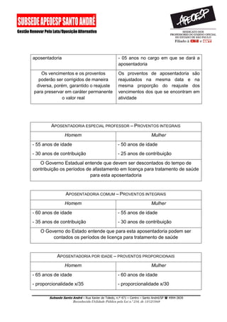 Subsede Santo André – Rua Xavier de Toledo, n.º 471 – Centro – Santo André/SP  4994-3839 
Reconhecida Utilidade Pública pela Lei n.º 216, de 13/12/1948 
aposentadoria 
- 05 anos no cargo em que se dará a aposentadoria 
Os vencimentos e os proventos poderão ser corrigidos de maneira diversa, porém, garantido o reajuste para preservar em caráter permanente o valor real 
Os proventos de aposentadoria são reajustados na mesma data e na mesma proporção do reajuste dos vencimentos dos que se encontram em atividade 
APOSENTADORIA ESPECIAL PROFESSOR – PROVENTOS INTEGRAIS 
Homem 
Mulher 
- 55 anos de idade 
- 30 anos de contribuição 
- 50 anos de idade 
- 25 anos de contribuição 
O Governo Estadual entende que devem ser descontados do tempo de contribuição os períodos de afastamento em licença para tratamento de saúde para esta aposentadoria 
APOSENTADORIA COMUM – PROVENTOS INTEGRAIS 
Homem 
Mulher 
- 60 anos de idade 
- 35 anos de contribuição 
- 55 anos de idade 
- 30 anos de contribuição 
O Governo do Estado entende que para esta aposentadoria podem ser contados os períodos de licença para tratamento de saúde 
APOSENTADORIA POR IDADE – PROVENTOS PROPORCIONAIS 
Homem 
Mulher 
- 65 anos de idade 
- proporcionalidade x/35 
- 60 anos de idade 
- proporcionalidade x/30  