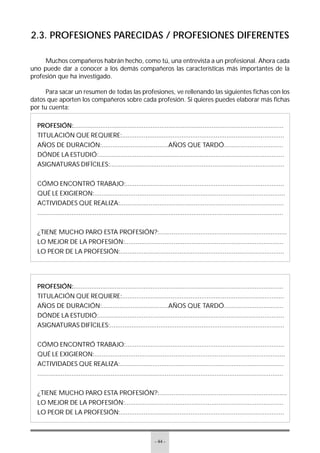 - 44 -
2.3. PROFESIONES PARECIDAS / PROFESIONES DIFERENTES
Muchos compañeros habrán hecho, como tú, una entrevista a un profesional. Ahora cada
uno puede dar a conocer a los demás compañeros las características más importantes de la
profesión que ha investigado.
Para sacar un resumen de todas las profesiones, ve rellenando las siguientes fichas con los
datos que aporten los compañeros sobre cada profesión. Si quieres puedes elaborar más fichas
por tu cuenta:
PROFESIÓN:.....................................................................................................................
TITULACIÓN QUE REQUIERE:..........................................................................................
AÑOS DE DURACIÓN:.....................................AÑOS QUE TARDÓ.................................
DÓNDE LA ESTUDIÓ:.......................................................................................................
ASIGNATURAS DIFÍCILES:.................................................................................................
CÓMO ENCONTRÓ TRABAJO:........................................................................................
QUÉ LE EXIGIERON:..........................................................................................................
ACTIVIDADES QUE REALIZA:...........................................................................................
.........................................................................................................................................
¿TIENE MUCHO PARO ESTA PROFESIÓN?:.......................................................................
LO MEJOR DE LA PROFESIÓN:........................................................................................
LO PEOR DE LA PROFESIÓN:...........................................................................................
PROFESIÓN:.....................................................................................................................
TITULACIÓN QUE REQUIERE:..........................................................................................
AÑOS DE DURACIÓN:.....................................AÑOS QUE TARDÓ.................................
DÓNDE LA ESTUDIÓ:.......................................................................................................
ASIGNATURAS DIFÍCILES:.................................................................................................
CÓMO ENCONTRÓ TRABAJO:........................................................................................
QUÉ LE EXIGIERON:..........................................................................................................
ACTIVIDADES QUE REALIZA:...........................................................................................
.........................................................................................................................................
¿TIENE MUCHO PARO ESTA PROFESIÓN?:.......................................................................
LO MEJOR DE LA PROFESIÓN:........................................................................................
LO PEOR DE LA PROFESIÓN:...........................................................................................
 