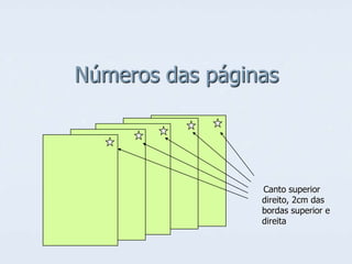 Números das páginas

*
Canto superior
direito, 2cm das
bordas superior e
direita

 