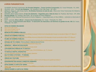 LIVROS PARADIDÁTICOS SCHERER, Burkhard (organizador)  As Grandes Religiões   – Temas Centrais Comparados , Ed. Vozes Petrópolis - RJ, 2005; HELERN, Victor –  O Livro das Religiões  – Ed. Schwarcz LTDA, São Paulo – SP, 2001; ARAÚJO, Ulisses F. Júlio Gropa Aquino.  Os Direitos Humanos na sala de aula  – Ética como Tema Transversal, Ed. Moderna, São Paulo – SP, 2002; NASSER, Maria Celina Cabrera.  O Uso dos Símbolos   – Sugestões para a Sala de Aula . Ed. Paulinas, São Paulo – SP, 2006; Revista Diálogo . Ed. Paulinas, São Paulo - SP (a revista do Ensino Religioso); FONAPER (Fórum Nacional Permanente do Ensino Religioso) – Capacitação para um Novo Milênio – sobretudo os fascículos 6, 7, 8 e 9; BOFF, Leonardo.  Ética e Moral – A busca dos fundamentos . Ed. Vozes – Petrópolis- RJ, 2004; WELL, Pierre.  O Fim da Guerra dos Sexos – O reencontro do masculino e do feminino na gestão do séc. XXI . Ed. Vozes, Petrópolis - RJ, 2007; SITES DO ENSINO RELIGIOSO http://www.cebi.org.br http://www.fonaper.com.br http://www.gper.com.br MÚSICAS DE DOMÍNIO PÚBLICO http://www.google.com.br/search ? hl = pt -BR&q=musicas%20dominio%20publico& ct = broad -revision&cd=5& ie =UTF-8& sa =X VÍDEOS DE DOMÍNIO PÚBLICO http://www.google.com.br/search ? hl = pt -BR&q= dominio %20publico%20videos& ct = broad -revision&cd=4& ie =UTF-8& sa =X FILMES DE DOMÍNIO PÚBLICO http://www.google.com.br/search ? hl = pt -BR&q= dominio %20publico%20filmes& ct = broad -revision&cd=3& ie =UTF-8& sa =X OFICINA DE TV E VÍDEO:  PRODUZINDO VÍDEOS EDUCATIVOS http://www.eproinfo.mec.gov.br/webfolio/Mod81807/index.html WEBEDUC – MÍDIAS NA EDUCAÇÃO http://webeduc.mec.gov.br/midiaseducacao/index.htm # LISTAGEM DOS VÍDEOS DA TV ESCOLA http://redin.lec.ufrgs.br/index . php / Listagem_dos_V %C3% ADdeos_da_TV_Escola TV ESCOLA DIGITAL INTERATIVA http://pt.wikipedia.org/wiki/TV_Escola_Digital_Interativa SALTO PARA O FUTURO – TV BRASIL http://www.tvbrasil.org.br/saltoparaofuturo/ VÍDEOS NO YOUTUBE http://www.google.com.br/search ?q=youtube&tbo=p&tbs= vid %3A1& source =vgc&hl= pt -br&aq=f DIVERSIDADE RELIGIOSA E DIREITOS HUMANOS http://www.youtube.com/watch ?v= FGTj_NZwGqc SITES SOBRE A CARTA DA TERRA https :// encrypted . google.com / search ? hl = pt -BR&source=hp&q=carta+da+terra&btnG=Pesquisa+Google&lr=& aq =f&aqi=& aql =& oq = VÍDEOS SOBRE A CARTA DA TERRA https :// encrypted . google.com / search ? hl = pt -BR&lr=&q=carta%20da%20terra%20video& ct = broad -revision&cd=4& ie =UTF-8& sa =X 