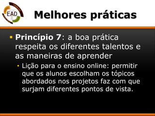 Sucesso do aluno virtualSer informado sobre o curso, a disciplina e a sua programação;Conhecer os objetivos das disciplinas e das atividades que vai desenvolver;Receber orientação clara, segura e detalhada para qualquer atividade que tenha que desenvolver no AVA;Desenvolver atividades que lhe permitam a reflexão e a criticidade.