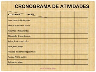 CRONOGRAMA DE ATIVIDADES
ATIVIDADES

MESES

Levantamento bibliográfico
Seleção e leitura de textos
Resenhas e fechamentos

Elaboração de questionário
Aplicação de questionário
redação do artigo
Redação das considerações finais
Revisão final e ajustes
Entrega do artigo
Profa. Cristina Torres

 