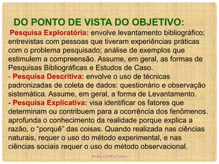 DO PONTO DE VISTA DO OBJETIVO:
Pesquisa Exploratória: envolve levantamento bibliográfico;
entrevistas com pessoas que tiveram experiências práticas
com o problema pesquisado; análise de exemplos que
estimulem a compreensão. Assume, em geral, as formas de
Pesquisas Bibliográficas e Estudos de Caso.
- Pesquisa Descritiva: envolve o uso de técnicas
padronizadas de coleta de dados: questionário e observação
sistemática. Assume, em geral, a forma de Levantamento.
- Pesquisa Explicativa: visa identificar os fatores que
determinam ou contribuem para a ocorrência dos fenômenos.
aprofunda o conhecimento da realidade porque explica a
razão, o “porquê” das coisas. Quando realizada nas ciências
naturais, requer o uso do método experimental, e nas
ciências sociais requer o uso do método observacional.
-

Profa. Cristina Torres

 