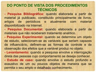 DO PONTO DE VISTA DOS PROCEDIMENTOS
TÉCNICOS
- Pesquisa Bibliográfica: quando elaborada a partir de
material já publicado, constituído principalmente de livros,
artigos de periódicos e atualmente com material
disponibilizado na Internet.
- Pesquisa Documental: quando elaborada a partir de
materiais que não receberam tratamento analítico.
- Pesquisa Experimental: quando se determina um objeto
de estudo, selecionam-se as variáveis que seriam capazes
de influenciá-lo, definem-se as formas de controle e de
observação dos efeitos que a variável produz no objeto.
- Levantamento: quando a pesquisa envolve a interrogação
direta das pessoas cujo comportamento se deseja conhecer.
- Estudo de caso: quando envolve o estudo profundo e
exaustivo de um ou poucos objetos de maneira que se
permita o seu amplo e detalhado Torres
Profa. Cristina conhecimento.

 