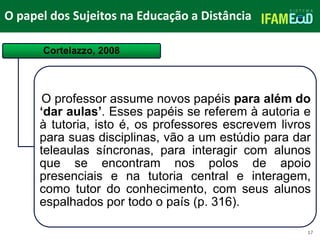 TÍTULO DO SLIDE
O papel dos Sujeitos na Educação a Distância
17
Cortelazzo, 2008
O professor assume novos papéis para além do
‘dar aulas’. Esses papéis se referem à autoria e
à tutoria, isto é, os professores escrevem livros
para suas disciplinas, vão a um estúdio para dar
teleaulas síncronas, para interagir com alunos
que se encontram nos polos de apoio
presenciais e na tutoria central e interagem,
como tutor do conhecimento, com seus alunos
espalhados por todo o país (p. 316).
 