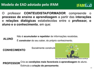 TÍTULO DO SLIDE
Modelo de EAD adotado pelo IFAM
19
O professor CONTEUDISTA/FORMADOR compreende o
processo de ensino e aprendizagem a partir das interações
e relações dialógicas estabelecidas entre o professor, o
aluno e o conhecimento, em que:
ALUNO
Não é acumulador e repetidor de informações recebidas.
É construtor do seu saber, do próprio conhecimento.
CONHECIMENTO
Socialmente construído
PROFESSOR
Cria as condições mais favoráveis à aprendizagem do aluno.
Estimula a criação do pensamento.
https://www.estudiosite.com.br/uploads/2017/02/aluno-ead790.gif
 
