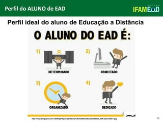 TÍTULO DO SLIDE
39
Perfil ideal do aluno de Educação a Distância
Perfil do ALUNO de EAD
http://1.bp.blogspot.com/-zWSHgP8fgns/Va7RpzQTvSI/AAAAAAAAAEQ/Ab825_NN-wQ/s1600/1.jpg
 