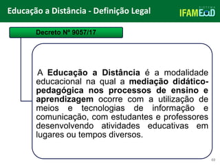 TÍTULO DO SLIDE
Educação a Distância - Definição Legal
Decreto Nº 9057/17
A Educação a Distância é a modalidade
educacional na qual a mediação didático-
pedagógica nos processos de ensino e
aprendizagem ocorre com a utilização de
meios e tecnologias de informação e
comunicação, com estudantes e professores
desenvolvendo atividades educativas em
lugares ou tempos diversos.
03
 