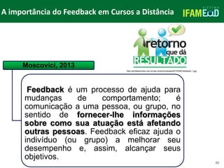 TÍTULO DO SLIDE
A importância do Feedback em Cursos a Distância
40
Moscovici, 2013
Feedback é um processo de ajuda para
mudanças de comportamento; é
comunicação a uma pessoa, ou grupo, no
sentido de fornecer-lhe informações
sobre como sua atuação está afetando
outras pessoas. Feedback eficaz ajuda o
indivíduo (ou grupo) a melhorar seu
desempenho e, assim, alcançar seus
objetivos.
http://portalsanches.com.br/wp-content/uploads/2015/09/Feedback-1.jpg
 
