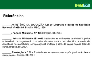 TÍTULO DO SLIDE
Referências
_______.MINISTÉRIO DA EDUCAÇÃO. Lei de Diretrizes e Bases da Educação
Nacional nº 9394/96. Brasília: MEC, 1996.
_______. Portaria Ministerial N.º 4361.Brasília, DF, 2004.
_______. Portaria Ministerial N.º 4059 - autorizou as instituições de ensino superior
a introduzir na organização curricular de seus cursos reconhecidos a oferta de
disciplinas na modalidade semipresencial limitada a 20% da carga horária total do
curso..Brasília, DF, 2004.
_______.Resolução N.º 01 - Estabeleceu as normas para a pós graduação lato e
strictu sensu. Brasília, DF, 2001.
 