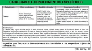 HABILIDADES E CONHECIMENTOS ESPECÍFICOS
(RC, 2020 p. 76)
Sugestões para favorecer o desenvolvimento das habilidades e dos respectivos objetos de
conhecimento.
 