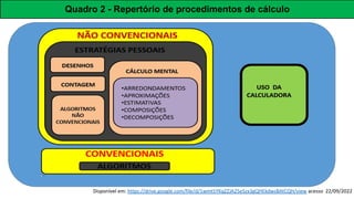 Disponível em: https://drive.google.com/file/d/1wmt5YKqZZJA25eSzx3gQHEkdwsBAtCQH/view acesso 22/09/2022
Quadro 2 - Repertório de procedimentos de cálculo
 