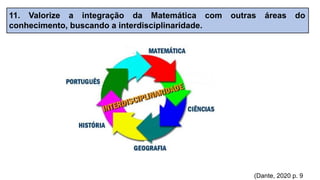 (Dante, 2020 p. 9
11. Valorize a integração da Matemática com outras áreas do
conhecimento, buscando a interdisciplinaridade.
 