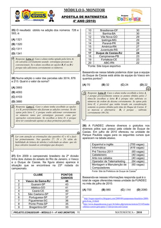 MÓDULO I- MONITOR
                                                 APOSTILA DE MATEMÁTICA
                                                      4º ANO (2010)


25) O resultado obtido na adição dos números 728 e                             10        Brasiliense-DF                             30
593, é:                                                                        11           Banhia-BA                               30
                                                                               12         Vila Nova-GO                              29
(A) 1321                                                                       13          Ipatinga-MG                              29
(B) 1320                                                                       14           Paraná-PR                               28
                                                                               15          América-RN                               27
(C) 1311                                                                       16        Juventude-RS                               27
(D) 1341                                                                       17    Duque de Caxias-RJ                             24
                                                                               18       Campinense-PB                               23
   Resposta: Letra A. Caso o aluno tenha optado pela letra A,                  19         Fortaleza-CE                              23
   ele calculou corretamente usando estratégias pessoais ou                    20            ABC-RN                                 22
   convencionais. Se o aluno escolheu as opções B, C ou D é                   1
                                                                               Fonte: Site toque esportivo
   porque não adicionou corretamente os números.
                                                                         Baseando-se nessa tabela podemos dizer que a equipe
                                                                         do Duque de Caxias está atrás da equipe do Vasco em
26) Numa adição o valor das parcelas são 3014, 876                       quantos pontos?
e 213. Qual é o valor da soma?
                                                                         (A) 70               (B) 32               (C) 24                (D) 22
(A) 3993
(B) 4093                                                                      Resposta: Letra D. Caso o aluno tenha escolhido a letra A,
                                                                              é porque provavelmente somou os pontos obtidos pelos 2
(C) 4103
                                                                              times.Se escolheu a letra B é porque não subtraiu os
(D) 3880                                                                      números da ordem da dezena corretamente. Se optou pela
                                                                              letra C, é provável que tenha levado em consideração
   Resposta: Letra C. Caso o aluno tenha escolhido as opções                  somente os pontos obtidos pelo time do Duque de Caxias. E
   A e B, provavelmente não fizeram as adições corretas. Se ele               se marcou a alternativa        D, é porque , subtraiu
   optou pela letra C, é porque soube adicionar corretamente                  corretamente (46-24).
   os números tanto por estratégias pessoais como por                         .
   operações convencionais. Se escolheu a letra D, é porque
   deve ter considerado apenas as duas primeiras parcelas.

                                                                         28) A FUNDEC oferece diversos o gratuitos nos
                                                                         diversos pólos que possui pela cidade de Duque de
                                                                         Caxias. Em julho de 2010 ofereceu na unidade de
                                                                         Parque Paulista vagas para os seguintes cursos que
   Ler com atenção as orientações das questões 42 e 43 e fazê-
   las primeiramente. Nas questões 27, 28 e 29, além da                  aparecem na tabela abaixo.
   habilidade de leitura de tabelas é solicitado ao aluno que ele
   faça cálculos (usando as estratégias que desejar).                              Espanhol e inglês                         (700 vagas)
                                                                                   Informática                               (416 vagas)
                                                                                   Pré Técnico 2011                            (60 vagas)
27) Em 2009 o campeonato brasileiro da 2ª divisão                                  Cabeleireiro                                (40 vagas)
tinha dois clubes do estado do Rio de Janeiro, o Vasco                             Arte nos cabelos                            (40 vagas)
e o Duque de Caxias. Na figura abaixo aparece à                                    Operador de Telemarketing                   (64 vagas)
situação que se encontrava na 23ª rodada do                                        Montagem e Manutenção de                    (60 vagas)
campeonato.                                                                        Computadores
                                                                                                                                   2
                                                                                   Fonte: Site da Prefeitura de Duque de Caxias
                     CLUBE                       PONTOS
                                                 GANHOS                  Baseando-se nessas informações responda qual é o
     1       Vasco da Gama-RJ                      46                    total de vagas oferecidas nessa unidade da FUNDEC
     2           Guarani-SP                        43                    no mês de julho de 2010.
     3           Atlético-GO                       41
     4            Ceará-CE                         40                    (A) 700              (B) 980              (C) 1380            (D) 2080
     5        São Caetano-SP                       37
     6         Portuguesa-SP                       37                    1
                                                                           http://toque-esportivo.blogspot.com/2009/09/campeonato-brasileiro-2009-
     7         Figueirense-SC                      36                    serie-b-na_14.html
                                                                         2
     8         Ponte Preta-SP                      35                     http://www.duquedecaxias.rj.gov.br/index.php/noticias/noticia/2214/Fundec
     9         Bragantino-SP                       33                    -oferece-cursos-grtis-para-17-mil-jovens-em-Caxias

 PROJETO (CON)SEGUIR – MÓDULO 1 – 4º ANO (MONITOR)                  91                                       MATEMÁTICA - 2010
 