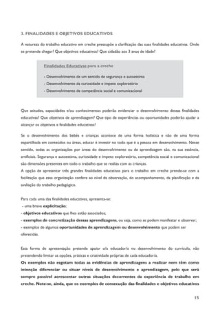 15
3. FINALIDADES E OBJETIVOS EDUCATIVOS
A natureza do trabalho educativo em creche pressupõe a clarificação das suas finalidades educativas. Onde
se pretende chegar? Que objetivos educativos? Que cidadão aos 3 anos de idade?
Finalidades Educativas para a creche
- Desenvolvimento de um sentido de segurança e autoestima
- Desenvolvimento da curiosidade e ímpeto exploratório
- Desenvolvimento de competência social e comunicacional
Que atitudes, capacidades e/ou conhecimentos poderão evidenciar o desenvolvimento destas finalidades
educativas? Que objetivos de aprendizagem? Que tipo de experiências ou oportunidades poderão ajudar a
alcançar os objetivos e finalidades educativas?
Se o desenvolvimento dos bebés e crianças acontece de uma forma holística e não de uma forma
espartilhada em conteúdos ou áreas, educar é investir no todo que é a pessoa em desenvolvimento. Nesse
sentido, todas as organizações por áreas do desenvolvimento ou de aprendizagem são, na sua essência,
artificiais. Segurança e autoestima, curiosidade e ímpeto exploratório, competência social e comunicacional
são dimensões presentes em todo o trabalho que se realiza com as crianças.
A opção de apresentar três grandes finalidades educativas para o trabalho em creche prende-se com a
facilitação que essa organização confere ao nível da observação, do acompanhamento, da planificação e da
avaliação do trabalho pedagógico.
Para cada uma das finalidades educativas, apresenta-se:
- uma breve explicitação;
- objetivos educativos que lhes estão associados;
- exemplos de concretização dessas aprendizagens, ou seja, como se podem manifestar e observar;
- exemplos de algumas oportunidades de aprendizagem ou desenvolvimento que podem ser
oferecidas.
Esta forma de apresentação pretende apoiar o/a educador/a no desenvolvimento do currículo, não
pretendendo limitar as opções, práticas e criatividade próprias de cada educador/a.
Os exemplos não esgotam todas as evidências de aprendizagens a realizar nem têm como
intenção diferenciar ou situar níveis de desenvolvimento e aprendizagem, pelo que será
sempre possível acrescentar outras situações decorrentes da experiência de trabalho em
creche. Note-se, ainda, que os exemplos de consecução das finalidades e objetivos educativos
 