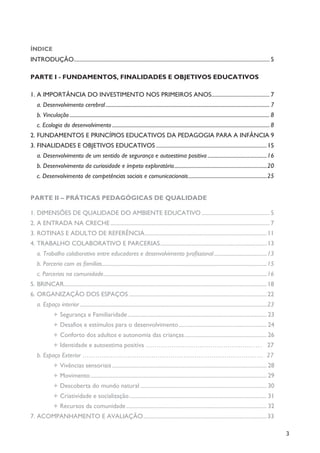 3
ÍNDICE
INTRODUÇÃO.......................................................................................................................................... 5
PARTE I - FUNDAMENTOS, FINALIDADES E OBJETIVOS EDUCATIVOS
1. A IMPORTÂNCIA DO INVESTIMENTO NOS PRIMEIROS ANOS......................................... 7
a. Desenvolvimento cerebral............................................................................................................................... 7
b. Vinculação ........................................................................................................................................................... 8
c. Ecologia do desenvolvimento .......................................................................................................................... 8
2. FUNDAMENTOS E PRINCÍPIOS EDUCATIVOS DA PEDAGOGIA PARA A INFÂNCIA 9
3. FINALIDADES E OBJETIVOS EDUCATIVOS ..............................................................................15
a. Desenvolvimento de um sentido de segurança e autoestima positiva ..............................................16
b. Desenvolvimento da curiosidade e ímpeto exploratório........................................................................20
c. Desenvolvimento de competências sociais e comunicacionais.............................................................25
PARTE II – PRÁTICAS PEDAGÓGICAS DE QUALIDADE
1. DIMENSÕES DE QUALIDADE DO AMBIENTE EDUCATIVO................................................ 5
2. A ENTRADA NA CRECHE ................................................................................................................ 7
3. ROTINAS E ADULTO DE REFERÊNCIA......................................................................................11
4. TRABALHO COLABORATIVO E PARCERIAS...........................................................................13
a. Trabalho colaborativo entre educadores e desenvolvimento profissional.........................................13
b. Parceria com as famílias................................................................................................................................15
c. Parcerias na comunidade...............................................................................................................................16
5. BRINCAR...............................................................................................................................................18
6. ORGANIZAÇÃO DOS ESPAÇOS .................................................................................................22
a. Espaço interior .................................................................................................................................................23
ò Segurança e Familiaridade.................................................................................................. 23
ò Desafios e estímulos para o desenvolvimento.............................................................. 24
ò Conforto dos adultos e autonomia das crianças.......................................................... 26
ò Identidade e autoestima positiva ……………………………………………… 27
b. Espaço Exterior ………………………………………………………………………… 27
ò Vivências sensoriais ............................................................................................................. 28
ò Movimento ............................................................................................................................ 29
ò Descoberta do mundo natural ......................................................................................... 30
ò Criatividade e socialização................................................................................................. 31
ò Recursos da comunidade................................................................................................... 32
7. ACOMPANHAMENTO E AVALIAÇÃO.......................................................................................33
 