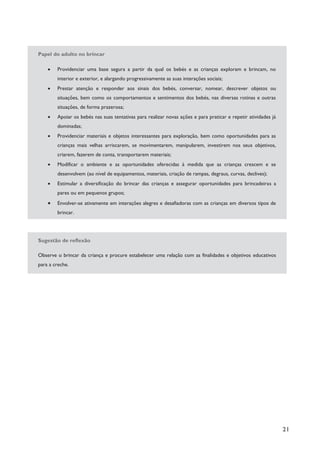 21
Papel do adulto no brincar
· Providenciar uma base segura a partir da qual os bebés e as crianças exploram e brincam, no
interior e exterior, e alargando progressivamente as suas interações sociais;
· Prestar atenção e responder aos sinais dos bebés, conversar, nomear, descrever objetos ou
situações, bem como os comportamentos e sentimentos dos bebés, nas diversas rotinas e outras
situações, de forma prazerosa;
· Apoiar os bebés nas suas tentativas para realizar novas ações e para praticar e repetir atividades já
dominadas;
· Providenciar materiais e objetos interessantes para exploração, bem como oportunidades para as
crianças mais velhas arriscarem, se movimentarem, manipularem, investirem nos seus objetivos,
criarem, fazerem de conta, transportarem materiais;
· Modificar o ambiente e as oportunidades oferecidas à medida que as crianças crescem e se
desenvolvem (ao nível de equipamentos, materiais, criação de rampas, degraus, curvas, declives);
· Estimular a diversificação do brincar das crianças e assegurar oportunidades para brincadeiras a
pares ou em pequenos grupos;
· Envolver-se ativamente em interações alegres e desafiadoras com as crianças em diversos tipos de
brincar.
Sugestão de reflexão
Observe o brincar da criança e procure estabelecer uma relação com as finalidades e objetivos educativos
para a creche.
 