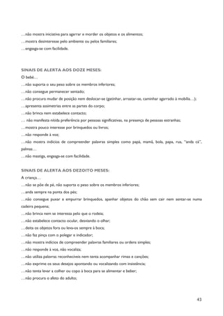 43
…não mostra iniciativa para agarrar e morder os objetos e os alimentos;
…mostra desinteresse pelo ambiente ou pelos familiares;
…engasga-se com facilidade.
SINAIS DE ALERTA AOS DOZE MESES:
O bebé…
…não suporta o seu peso sobre os membros inferiores;
…não consegue permanecer sentado;
…não procura mudar de posição nem deslocar-se (gatinhar, arrastar-se, caminhar agarrado à mobília…);
…apresenta assimetrias entre as partes do corpo;
…não brinca nem estabelece contacto;
… não manifesta nítida preferência por pessoas significativas, na presença de pessoas estranhas;
…mostra pouco interesse por brinquedos ou livros;
…não responde à voz;
…não mostra indícios de compreender palavras simples como papá, mamã, bola, papa, rua, “anda cá”,
palmas…
…não mastiga, engasga-se com facilidade.
SINAIS DE ALERTA AOS DEZOITO MESES:
A criança…
…não se põe de pé, não suporta o peso sobre os membros inferiores;
…anda sempre na ponta dos pés;
…não consegue puxar e empurrar brinquedos, apanhar objetos do chão sem cair nem sentar-se numa
cadeira pequena;
…não brinca nem se interessa pelo que o rodeia;
…não estabelece contacto ocular, desviando o olhar;
…deita os objetos fora ou leva-os sempre à boca;
…não faz pinça com o polegar e indicador;
…não mostra indícios de compreender palavras familiares ou ordens simples;
…não responde à voz, não vocaliza;
…não utiliza palavras reconhecíveis nem tenta acompanhar rimas e canções;
…não exprime os seus desejos apontando ou vocalizando com insistência;
…não tenta levar a colher ou copo à boca para se alimentar e beber;
…não procura o afeto do adulto;
 